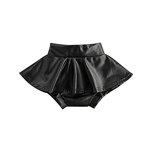 Nbulwbln Toddler Baby Girl Pu Leather Skirt Skort Solid Color High Waist Ruffle Pleated Tutu Skirts Shorts Outfit Clothes (Black,12-18 Months)