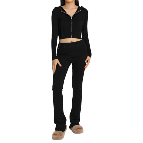 Conjunto de pantalón y Chaqueta para Mujer, 2 Piezas, Tejido de Punto, Corte Ajustado, con Capucha y Cremallera, pantalón Acampanado, Estilo Deportivo.
