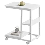 YeTom サイドテーブル キャスター付き ソファーテーブル コの字型ベッドサイドテーブル ソファ 可移動 層板は調節可能 幅48×奥行30×高さ60cm（キャスター約5CM） 白い