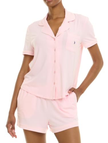 U.S. POLO ASSN. Summer Pajamas for Women Set - Short Sleeve Button Up Top and PJ Shorts Set - Bridesmaid Lounge Sets for Women (Ballerina Medium)