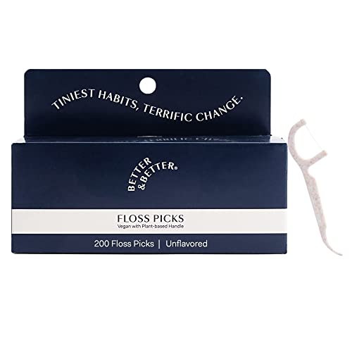Better & Better Selecciones de hilo dental (caja de 200) Palillos de hilo dental vegano sin sabor para adultos y niños Asas biodegradables a base