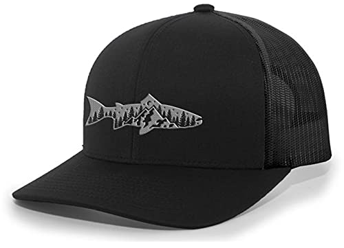Trenz Shirt Company Men s Outdoors Fishing Trout Scenic Forest Woodland Embroidered Mesh Back Trucker Hat, Black Black