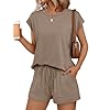 AUTOMET Womens Crew Neck Two Piece short Sets Cap Sleeve Drawstring Summer Sweatsuit with Pocket