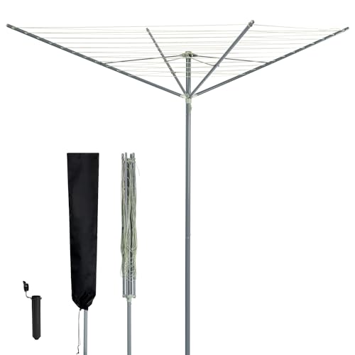 LIVIVO 4 Arm Rotary Washing Line - 45M Outdoor Clothes Line for Outside - Foldable Garden Rotary Outdoor Clothes Dryer Rotary Airer with Plastic Ground Spike and Cover - Grey