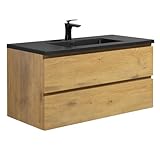 Angela Badkamermeubel set, 100 cm, zwarte wastafel, eiken, onderkast, kast, wastafel, wastafel