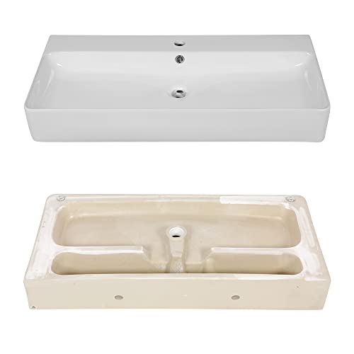 White Console Sink Vessel - Sarlai 35 Inch Console Sink White Ceramic Bathroom Vanity Sink Basin With Silver Chrome Steel Pedestal Leg #TOP5