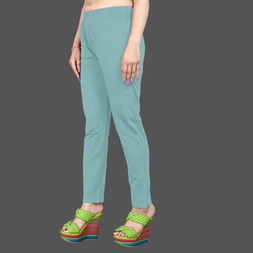 Image of Women's Solid Cotton Lycra Pants - High Waist Slim Fit Stretchable Leggings - Comfortable Long Trousers for Casual, Office & Everyday Wear