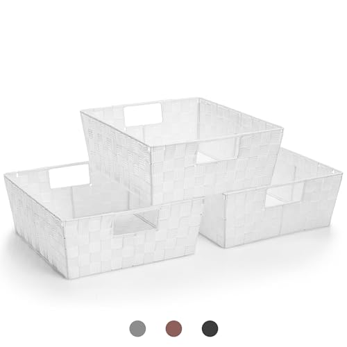 Sorbus Set of 3 Large Woven Storage Baskets – Mesh Hand-Woven Baskets for Organizing, Fabric Storage Bins for Linen Closet Organizer, Storage Baskets for Shelves and Home Organization (White)