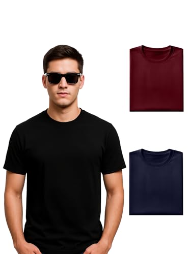 Image of Veirdo 100% Pure Cotton Regular Fit Half Sleeve Solid Core Round Neck Multicolor T-Shirt Combo for Men (Pack of 3)