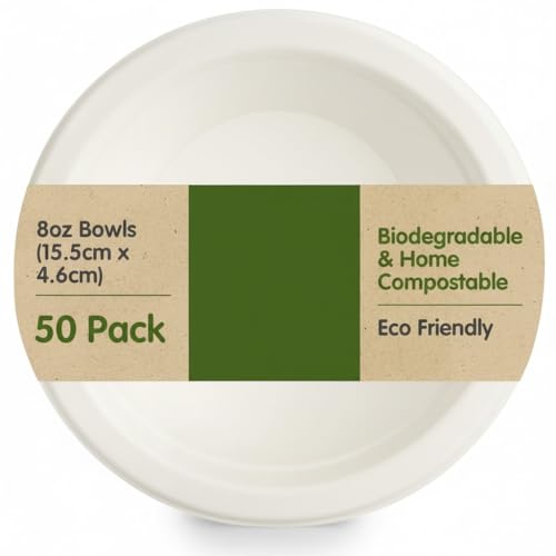 2you 50 x Bagasse Bowls - Disposable Paper Food Bowls - Party Plates Tableware - 8oz (230ml) for Kitchen Cafes Resturants Salad Starters BBQ - Made from Sugarcane Fibres - 50 Pack