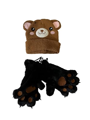 Image of FashionFritz & Little Bitz Bear face adult cold weather beanie and fuzzy bear gloves accessory bundle