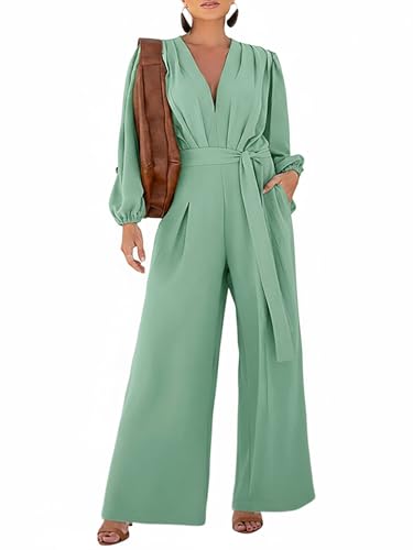 CHICME Women’s 2025 Elegant Long Puff Sleeve Jumpsuit Deep V