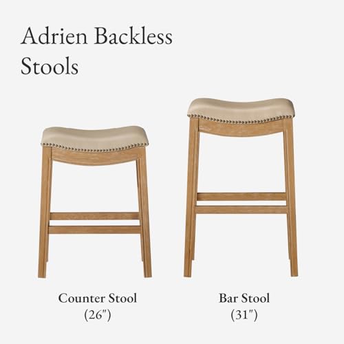 Image of Maven Lane Adrien Backless Counter Stool - Set of 3 - 26 Inches - Saddle Stool with Footrest - Brown Solid Wood Frame & Beige Faux Leather Upholstery - Perfect for Kitchen Islands & Counters