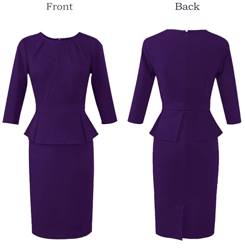 Image of VFSHOW Womens Pleated Crew Neck Peplum Slim Work Business Dress Elegant 3 /4 Sleeves Office Church Bodycon Pencil Sheath Dress
