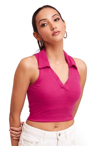 Image of BERRY BIRD Stylish Sleeveless V-Neck Slim Fit Collar Ribbed Knit Tank Crop Tops for Women & Girls Beach and Gym Wear and Western Trendy Fashion