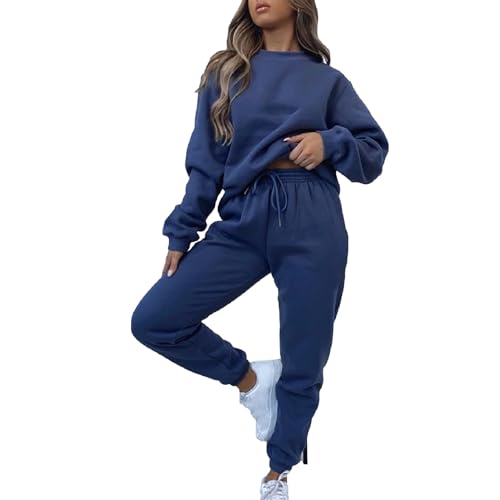 amropi Survêtement Femme Ensemble doublée de Fourrure Sweat à Pullover et Pantalon Jogging (Bleu,L)