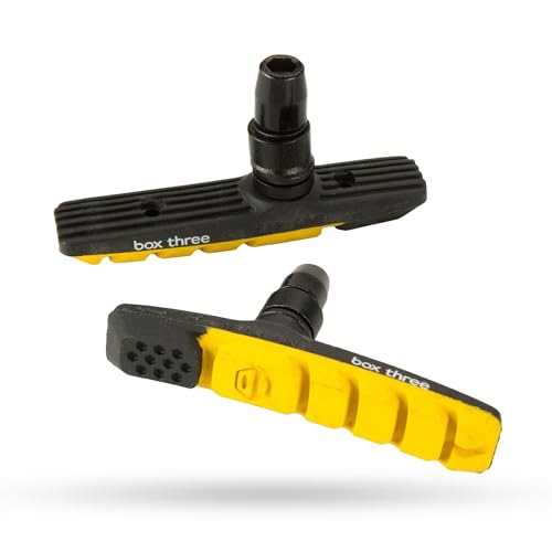Box Three 70 Millimeters BMX Brake Pads Matte Black w/Pad Printing Body Dual Compound Rubber Pad & Pivoting Posts | Yellow