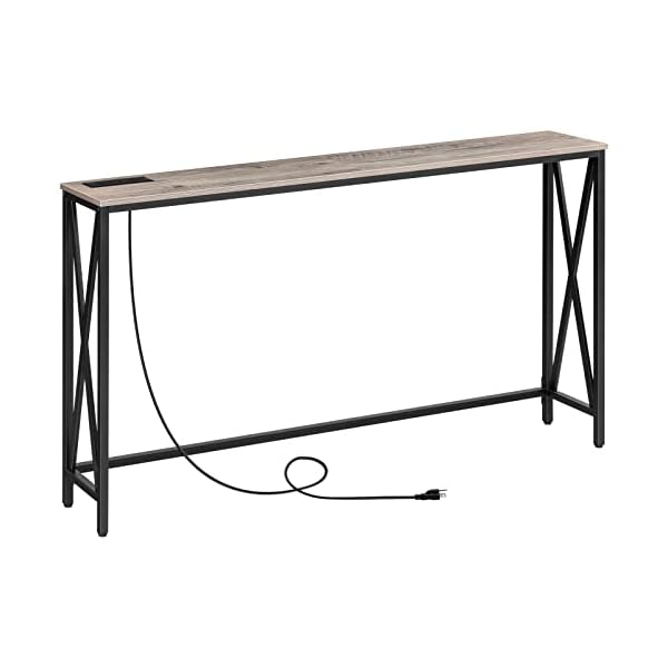 MAHANCRIS Narrow Sofa Table, Farmhouse Sofa Couch Table with Charging Station, Sturdy and Durable, for Entryway, Living Room, Foyer, Greige CTHG8301Z