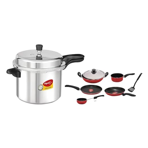 Pigeon by Stovekraft Deluxe Outer Lid Pressure Cooker, 7.5 Litres, Silver & Pigeon Cookware Set of 7 Piece, Includes Tawa 23 cm, Fry Pan 24 cm, Kadai with Lid 24 cm, and Sauce Pan (Red)