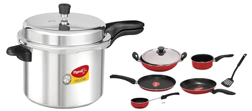Image of Pigeon Deluxe Aluminium Outer Lid Pressure Cooker 7.5L, Silver | & Pigeon Favourite 7-Piece Non-Stick Cookware Gift Set | Fry Pan, Kadhai, Lid, Sauce Pan, Spatula, Tadka Pan, Tawa