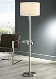 Caper Modern Floor Lamp with USB and AC Power Outlet on Table Glass Satin Steel White Fabric Drum Shade for Living Room - 360 Lighting