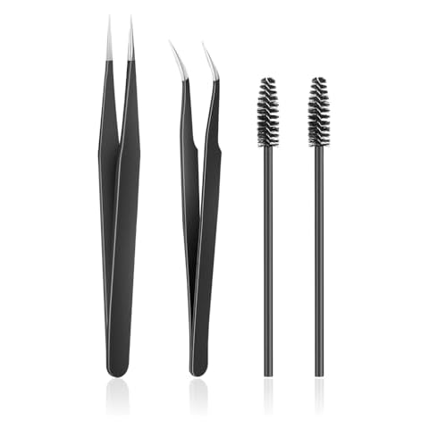 KLDKUST Stainless Steel Eyelash Extension Tweezers Straight and Curved Tip Eyelash Tweezers for Eyelash Extension Applications with Eyelash Brush (4PCS, Black) Cover