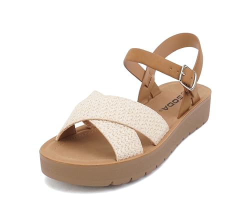 Image of Soda CHESTER ~ Women Flat Sandals Flatform Ankle Buckle Criss Cross Band Straps Sandals Shoes (Gold Raffia, 5.5)