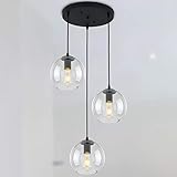 LMSOD 3 Lights Globe Pendant Light, Mid Century Modern Hanging Lighting Fixture, Matte Black Classic Cluster Chandelier with Clear Glass Shades for Kitchen Island Dining Room