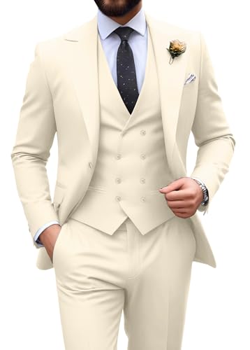 Image of Mens Suit Slim Fit 3 Piece Double Breasted Suit Men Formal Tuxedo Set Casual Wedding Prom Groom Suits