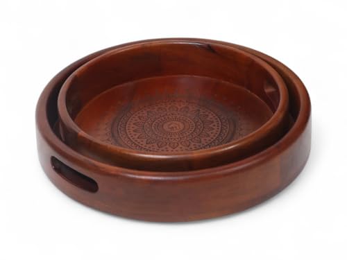 Vesta Homes Set of 2 Aurelia Premium Wood Round Serving Tray for Home/Kitchen/Restaurant/Office Organizer/Dining Table|Premium Wooden Trays|35.5 X 35.5 ; 30.5 x 30.5 cm | Handcrafted in India