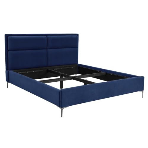 Image of Wakefit Bed | King (78 X 72) Solid Wood Bed, Upholstered, Without Storage, 3 Year Warranty - Zewail - Velvet Blue