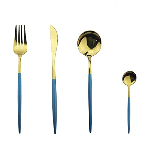 DANSR 4 PCs Golden Flatware, Silverware Set Cutlery Set Stainless Steel Tableware Kitchen Set Dinnerware Spoon Fork Knife Dinner Set Utensils Set (Blue, 4)