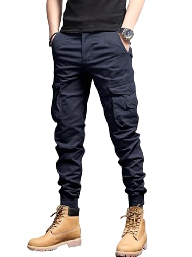Men's Casual Cargo Pants Tapered Slim Fit Button Joggers Sweatpants Drawstring Tactical Pockets Trousers