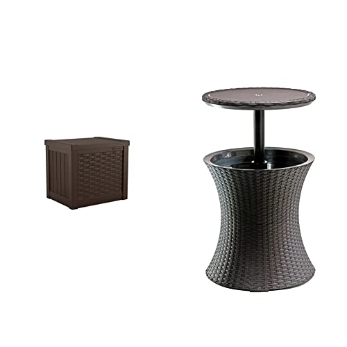 Suncast 22 Gallon Resin Storage Seat + Keter Pacific Cool Bar Outdoor Furniture and Hot Tub Side Table