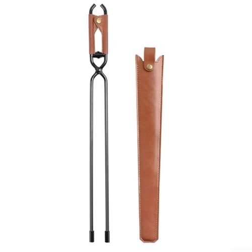 Posheliox Robuste Feuerzange für Camping und Grillen Karbonstahl mit Ledergriff federunterstützte gezackte Klemme für sicheres Grillen Lagerfeuer und Kamingebrauch (A)