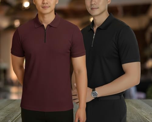 Image of MACK JONNEY Men's Cotton Self Design Polo T-Shirts | Front Half Zipper | Pack of 2 | Multicolour
