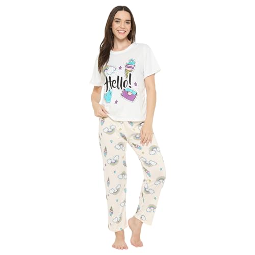 Image of CAMEY Women's Printed Pyjama Set, Short Sleeve T-Shirt and Trousers, Women Nightsuit, Loungewear Sets