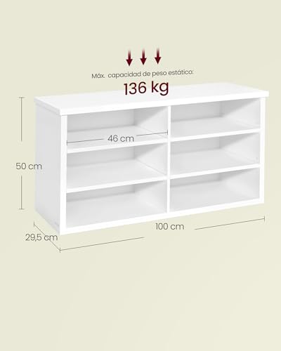VASAGLE Banco Zapatero, Zapatero con Asiento, 6 Compartimientos, Estantes Ajustables, para Entrada, Sala de Estar, 29,5 x 100 x 50 cm, Blanco Nube LSB036W01 - imagen 3