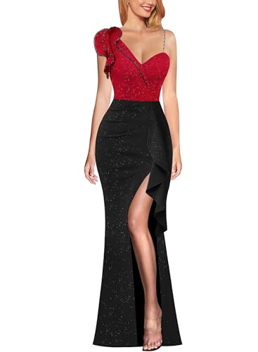 Image of VFSHOW Womens Formal Prom Elegant Ruffle One Shoulder Beaded Strap Ruched Slit Maxi Dress Wedding Evening Long Gown