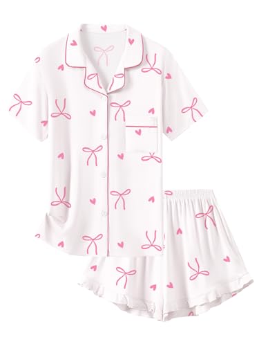 Schbbbta Girls Pajamas Set 2 Piece Button Down Pjs Soft Ruffle Sleepwear Loungewear Nightwear Heart Bow White 9-10 Years