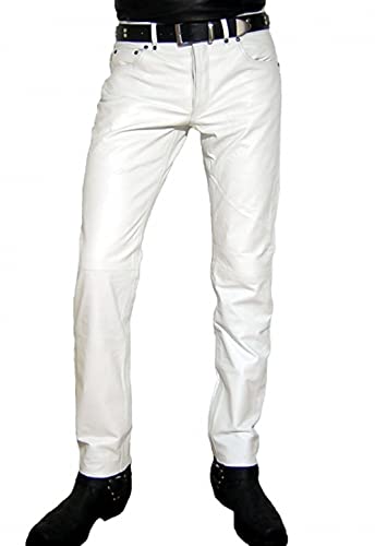 JACKETZONE Weiße Lederhose für Herren, Biker-Hose, schmale Passform, Motorradhose, Jeans, Antik, Weiß. Hose aus echtem Leder, M