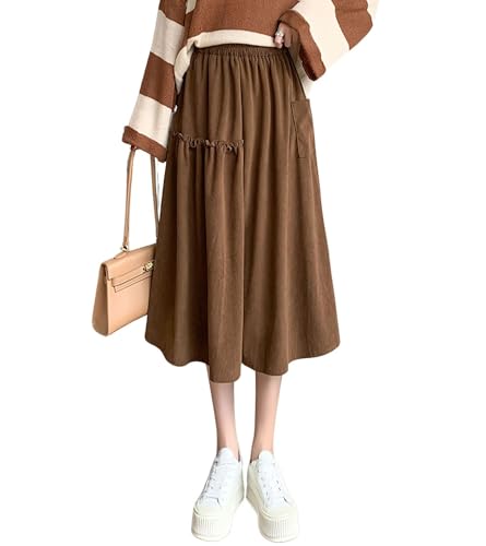 chouyatou Women's Elastic Waist Corduroy Skirts Vintage Frill A-Line Pocket Corduroy Midi Long Skirt