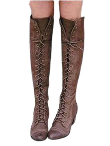 DUNHAO COS Women's Knee High Boots Classic Leather Lace-up Shoes