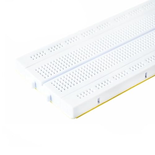 Image of Breadboard 840 points with Jumper wires (10 M to M, 10 M to F, 10 F to F) and 5mm LEDs (Red, Green, Yellow, White, Blue)