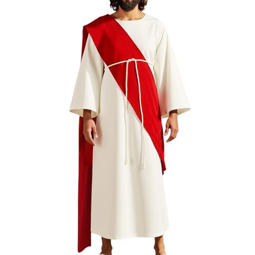 DUHENWU Disfraz de Jesús para hombre, Halloween, cosplay, mitología griega, disfraz de Roma, juego de túnica bíblica con cinturón de cuerda trenzada y bufanda roja, disfraz para hombre para Navidad y