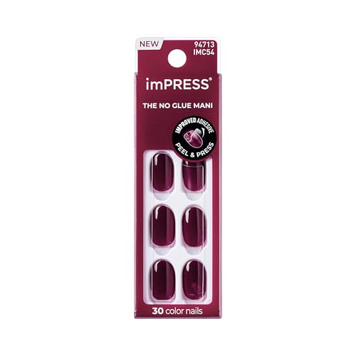Image of Kiss Impress No Glue Mani Press On Nails Kit, Over You, 30 Red Peel and Stick Nails, Super Slim Short Squoval, Glossy Gel Finish, PureFit Technology, Includes Prep Pad, Manicure Stick & Mini File