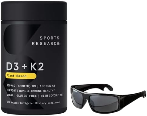 SPOR Resrch Vitamin D3 with K2 Softgels - Plant Based K2 & Vegan D3 5000iu with Coconut MCT Oil -Vegan Certified, Soy & Gluten Free 160 Count + Bonus Sporty Sunglasses Novelty Bottle Opener
