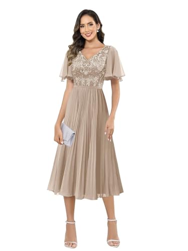 Women’s Lace Applique Mother of The Bride Dresses with Half Sleeve Tea Length Formal Dress