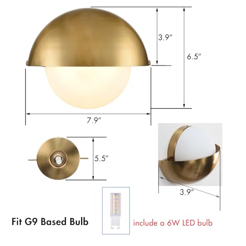 Image of YUBOLE Mid Century Wall Sconce Modern Gold Bathroom Vanity Light Over Mirror with Adjustable Metal Shade and Milky Glass Globe G9 Based Indoor Wall Lamp Wall Mounted Sconce