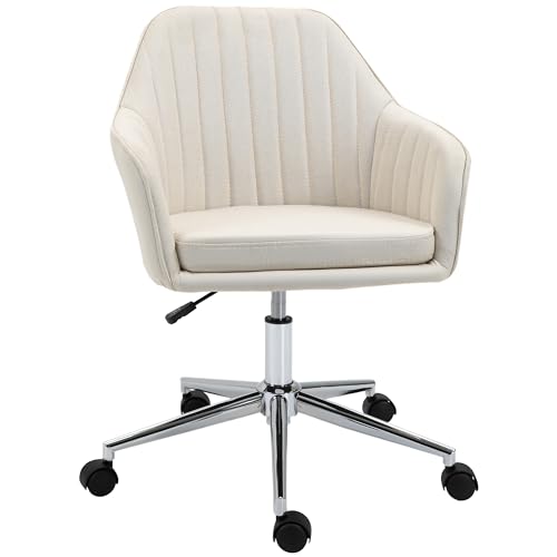Vinsetto Silla de Oficina Silla de Escritorio Giratoria Tapizado en Lino con Altura Ajustable y Reposabrazos para Estudio Dormitorio Tocador Carga 120 kg Beige